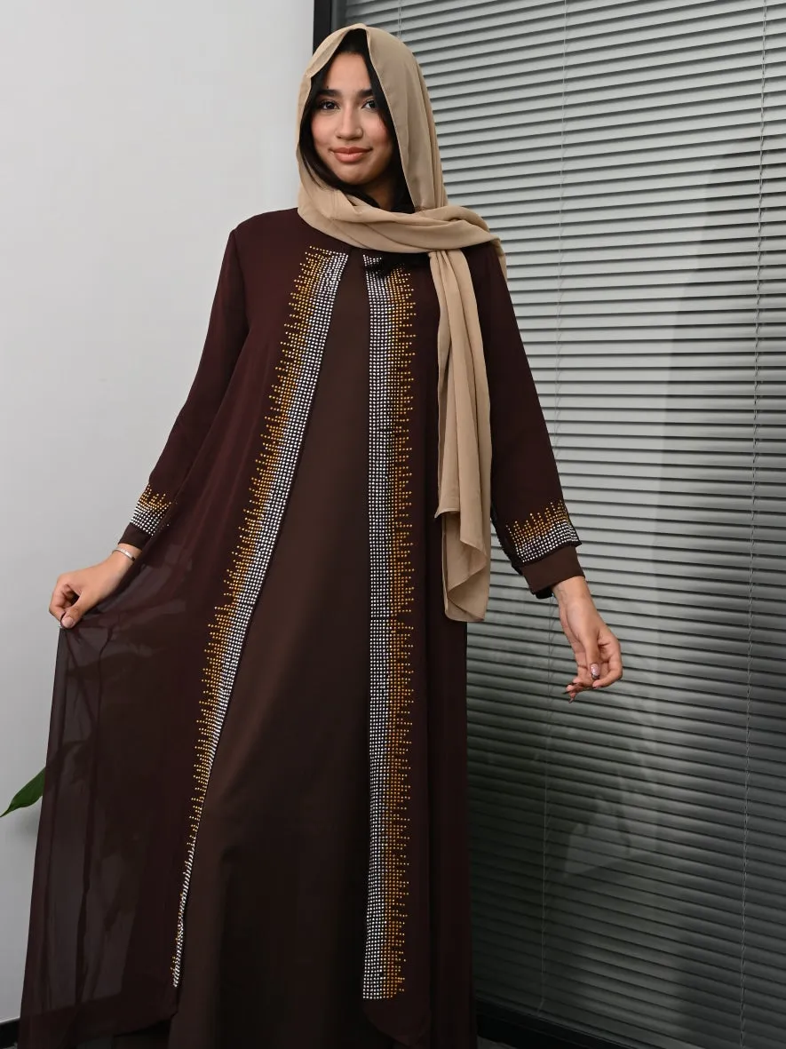 2 Pcs Women's Long Sleeve Solid Color Rhinestones/Gems/Crystals Jalabiya - 467851