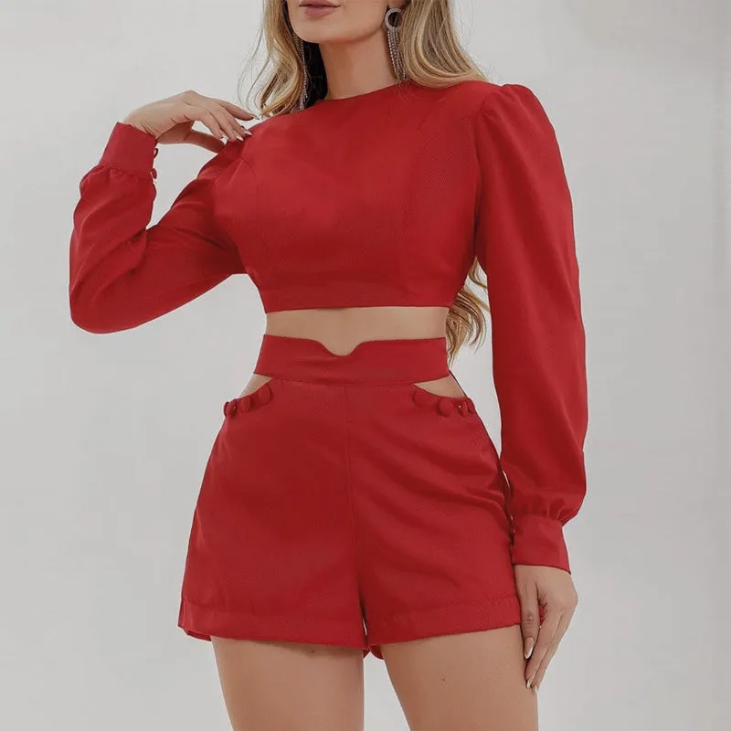 2 Pcs Women's Long Sleeve Solid Color Shorts Set S 403302