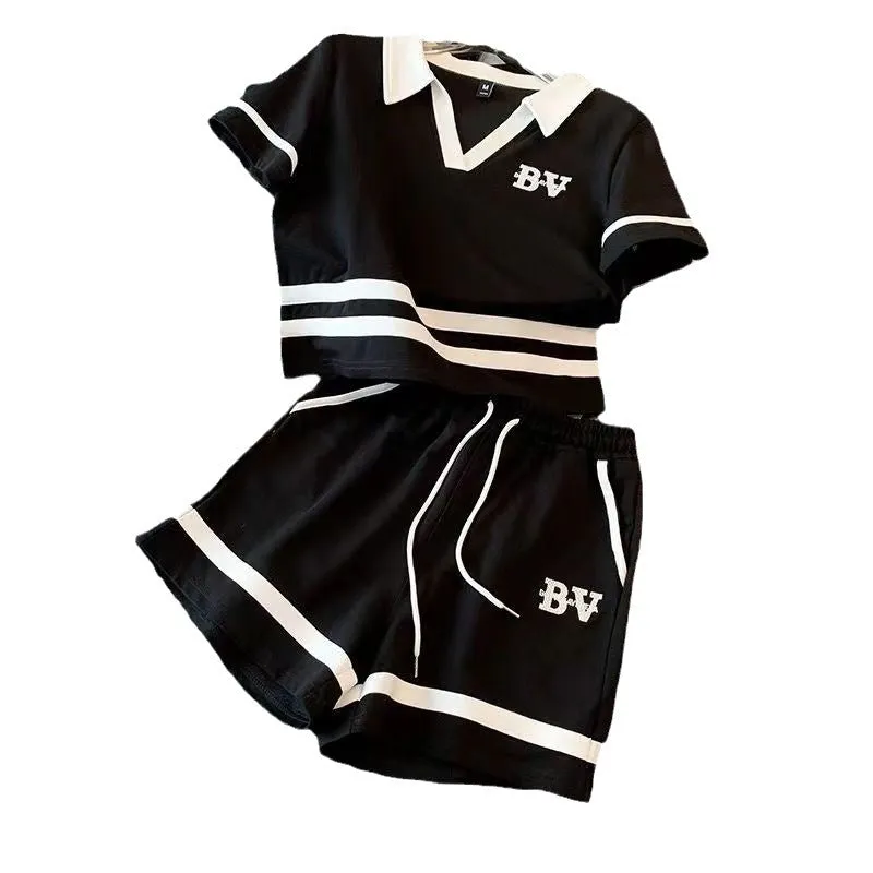 2 Pcs Women's Short Sleeve Solid Color Shorts Set L 525412