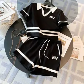 2 Pcs Women's Short Sleeve Solid Color Shorts Set L 525412