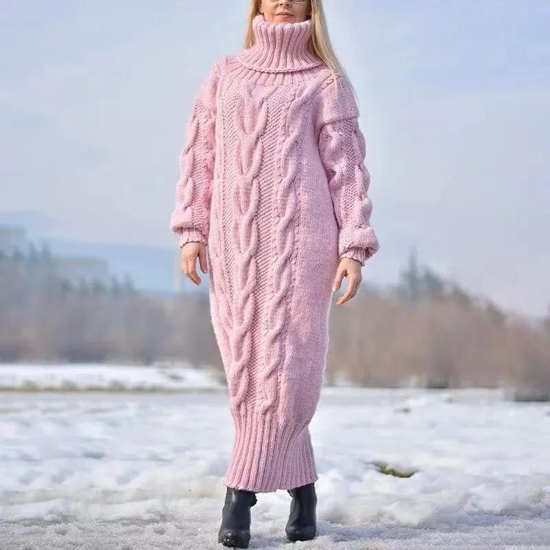 2024 Autumn Winter Solid Color Turtleneck Pullover Women Twisted Loose Knitted Sweater Long Dress Sweater For Female Oversize