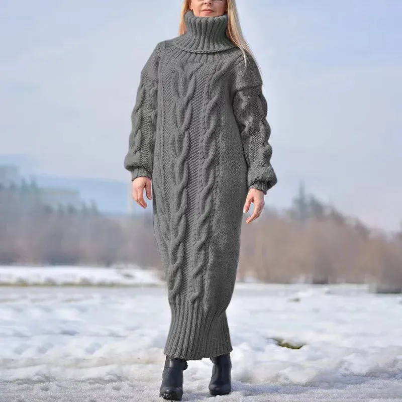 2024 Autumn Winter Solid Color Turtleneck Pullover Women Twisted Loose Knitted Sweater Long Dress Sweater For Female Oversize