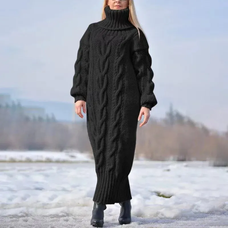 2024 Autumn Winter Solid Color Turtleneck Pullover Women Twisted Loose Knitted Sweater Long Dress Sweater For Female Oversize