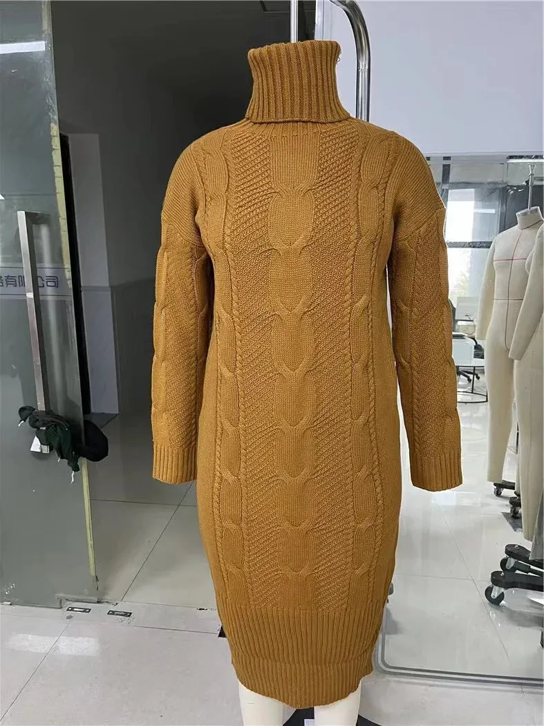 2024 Autumn Winter Solid Color Turtleneck Pullover Women Twisted Loose Knitted Sweater Long Dress Sweater For Female Oversize