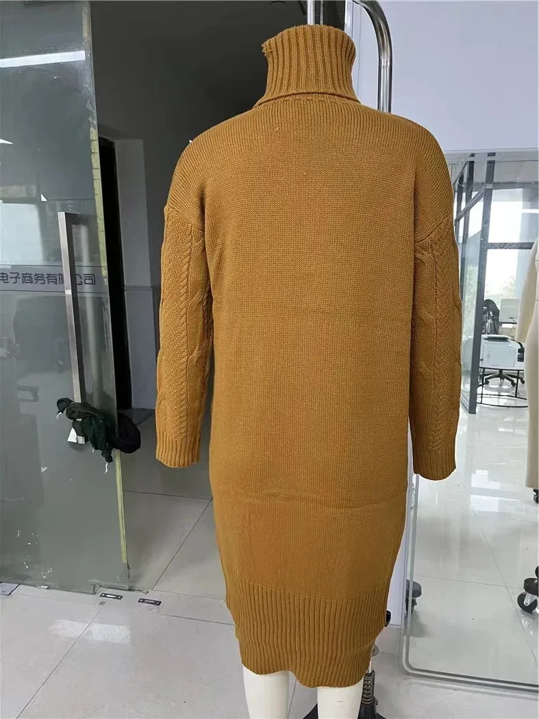 2024 Autumn Winter Solid Color Turtleneck Pullover Women Twisted Loose Knitted Sweater Long Dress Sweater For Female Oversize