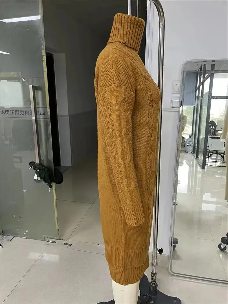 2024 Autumn Winter Solid Color Turtleneck Pullover Women Twisted Loose Knitted Sweater Long Dress Sweater For Female Oversize