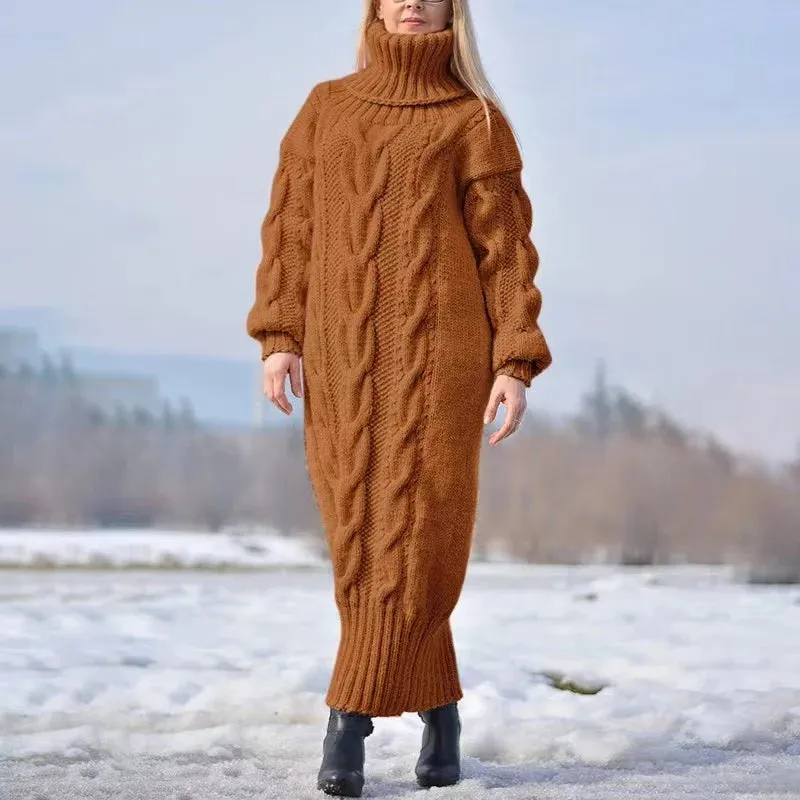 2024 Autumn Winter Solid Color Turtleneck Pullover Women Twisted Loose Knitted Sweater Long Dress Sweater For Female Oversize