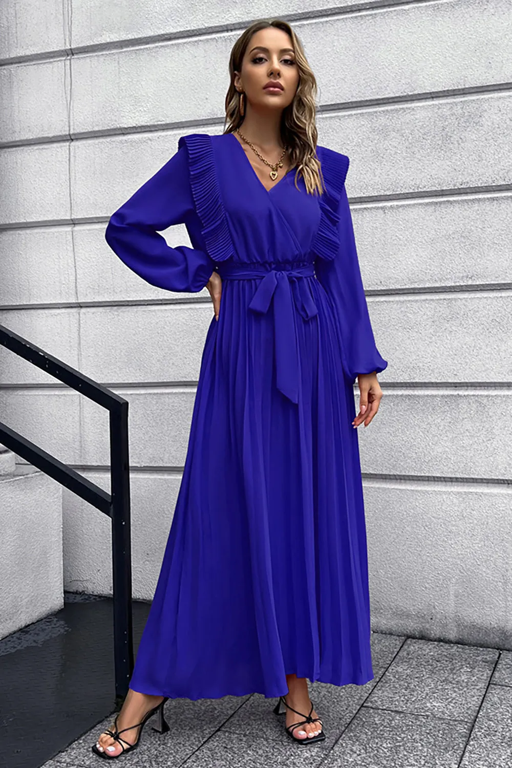 A-Line Long Sleeves Dark Green Casual Dress with Ruffles