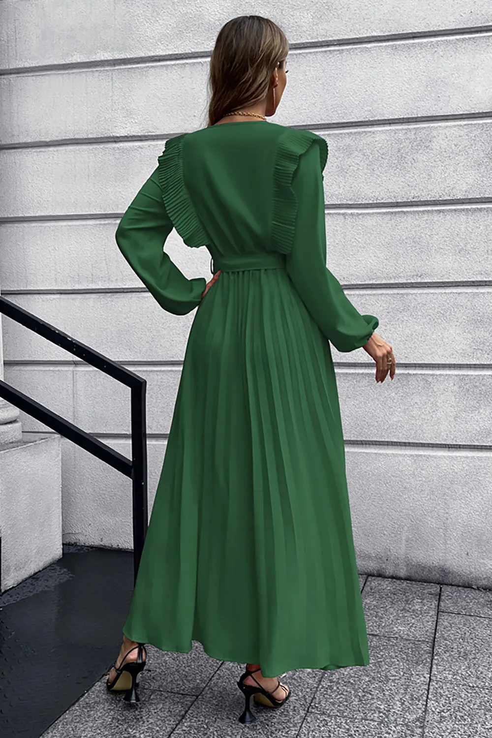 A-Line Long Sleeves Dark Green Casual Dress with Ruffles