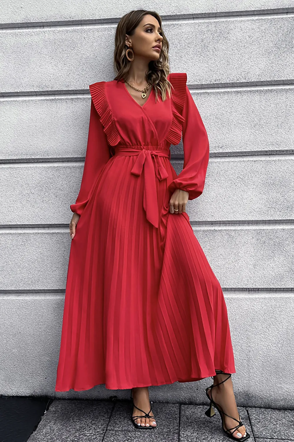 A-Line Long Sleeves Dark Green Casual Dress with Ruffles
