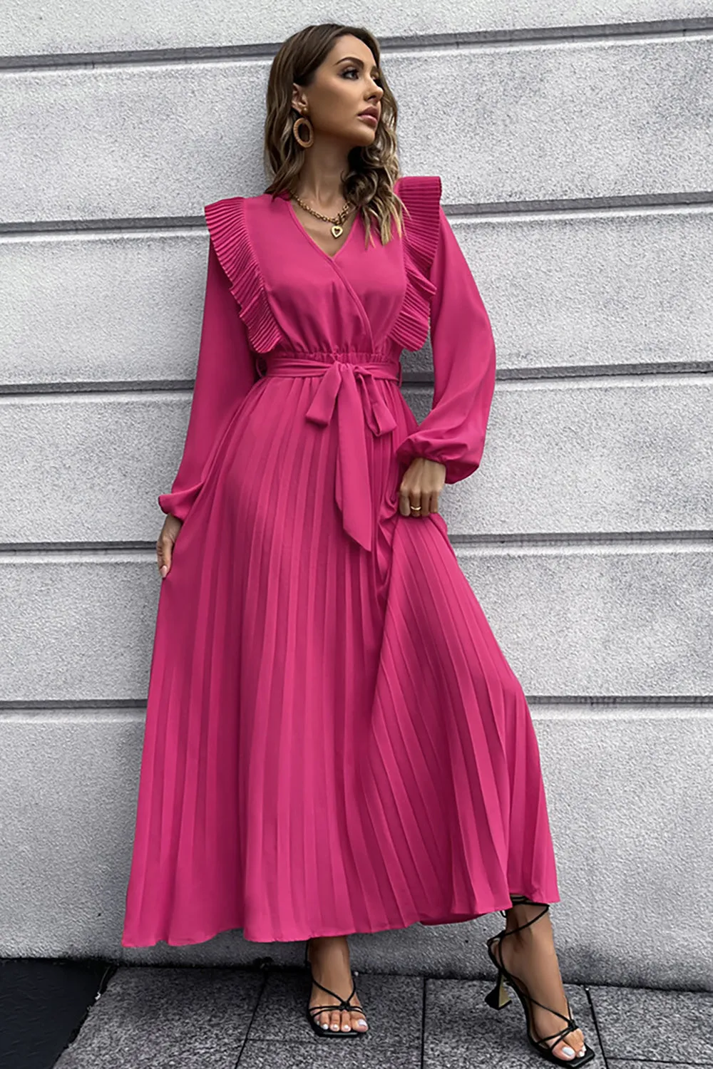 A-Line Long Sleeves Dark Green Casual Dress with Ruffles