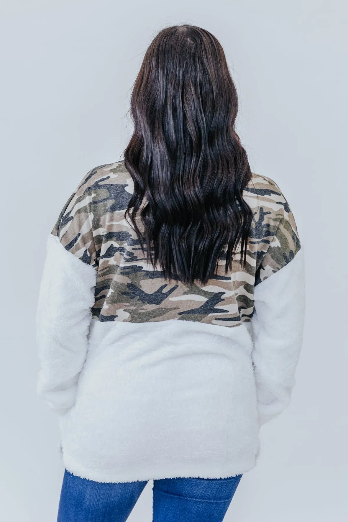 A Lot On My Mind Camo Fuzzy Pullover In Green