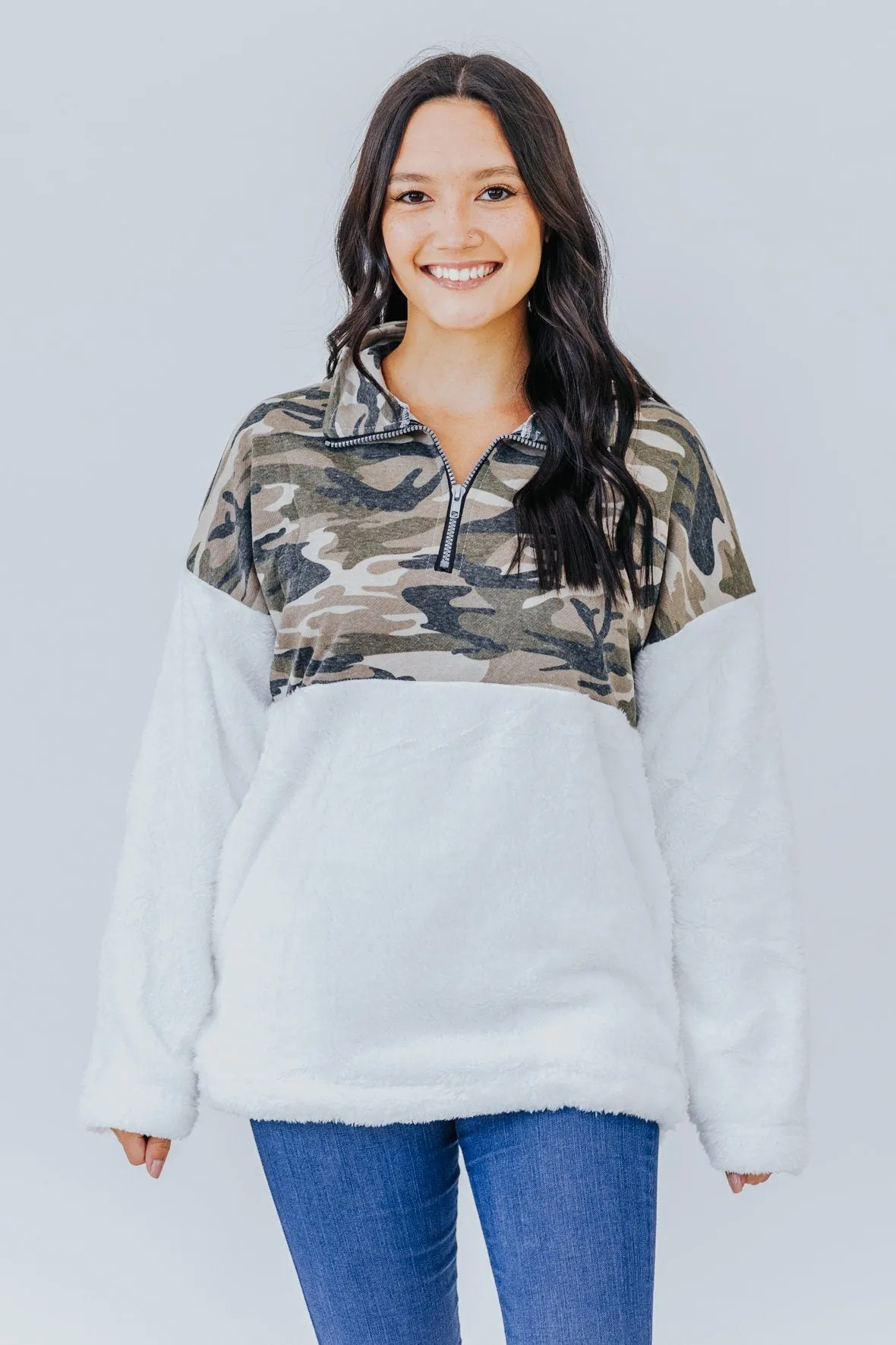 A Lot On My Mind Camo Fuzzy Pullover In Green