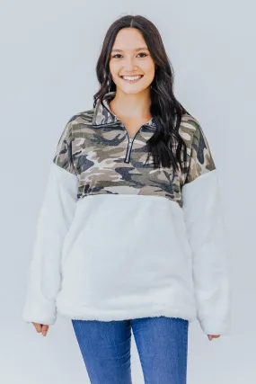 A Lot On My Mind Camo Fuzzy Pullover In Green