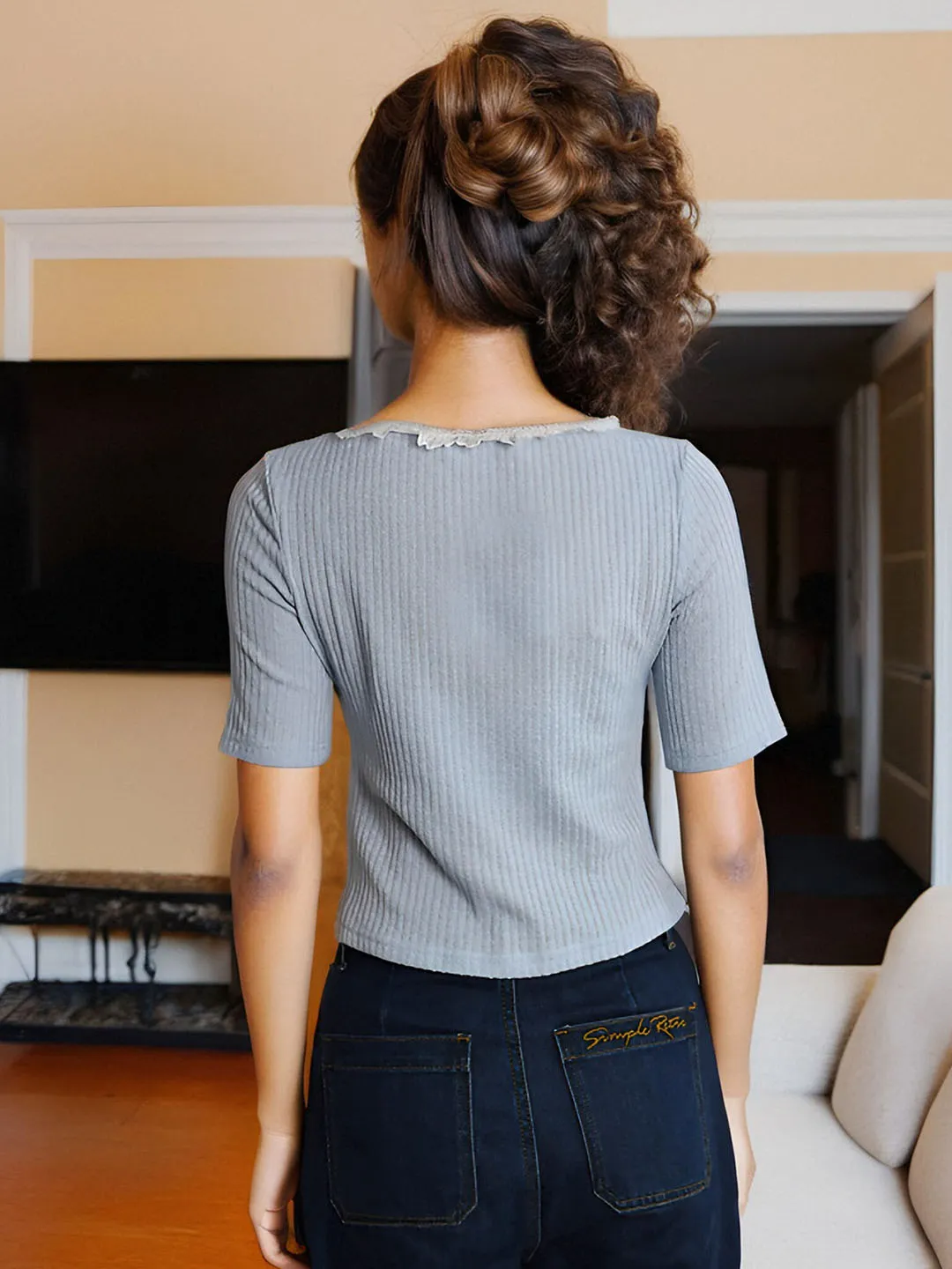 (Add-on Item) Emerie V-neck Contrast Lace Panel Bow Knitted Top