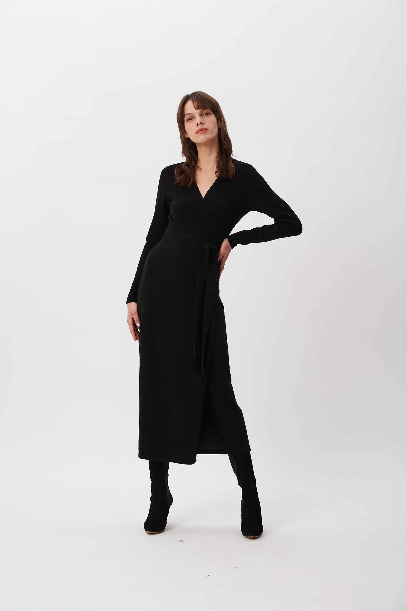 Astrid Knit Wrap Dress in Black