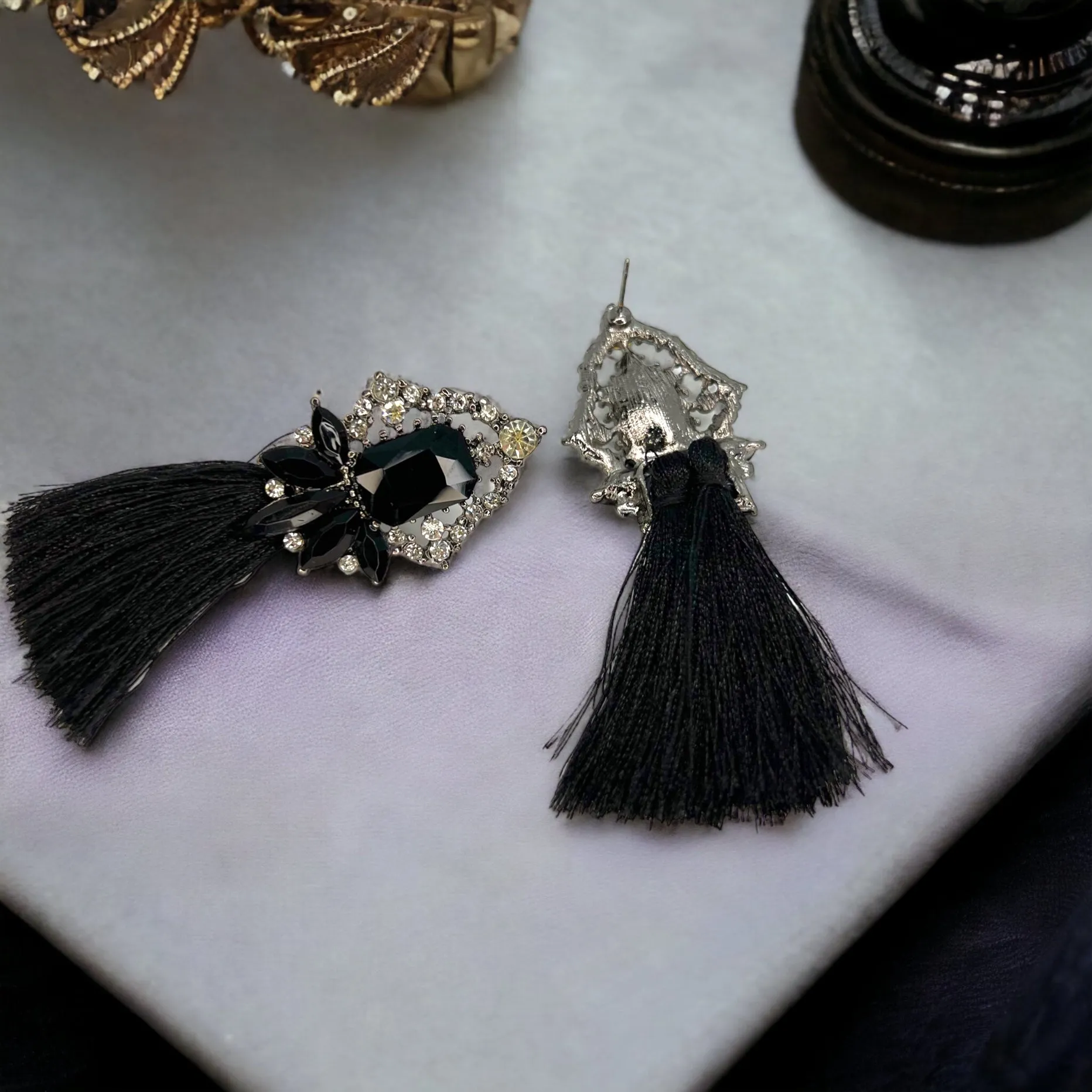 Black Fringe Earrings - Black Rhinestone Earrings, Black Earrings, Fringe Accessories