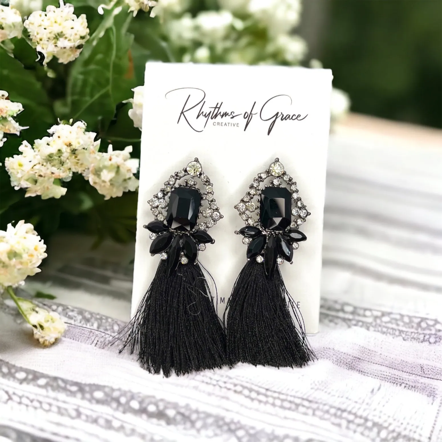 Black Fringe Earrings - Black Rhinestone Earrings, Black Earrings, Fringe Accessories