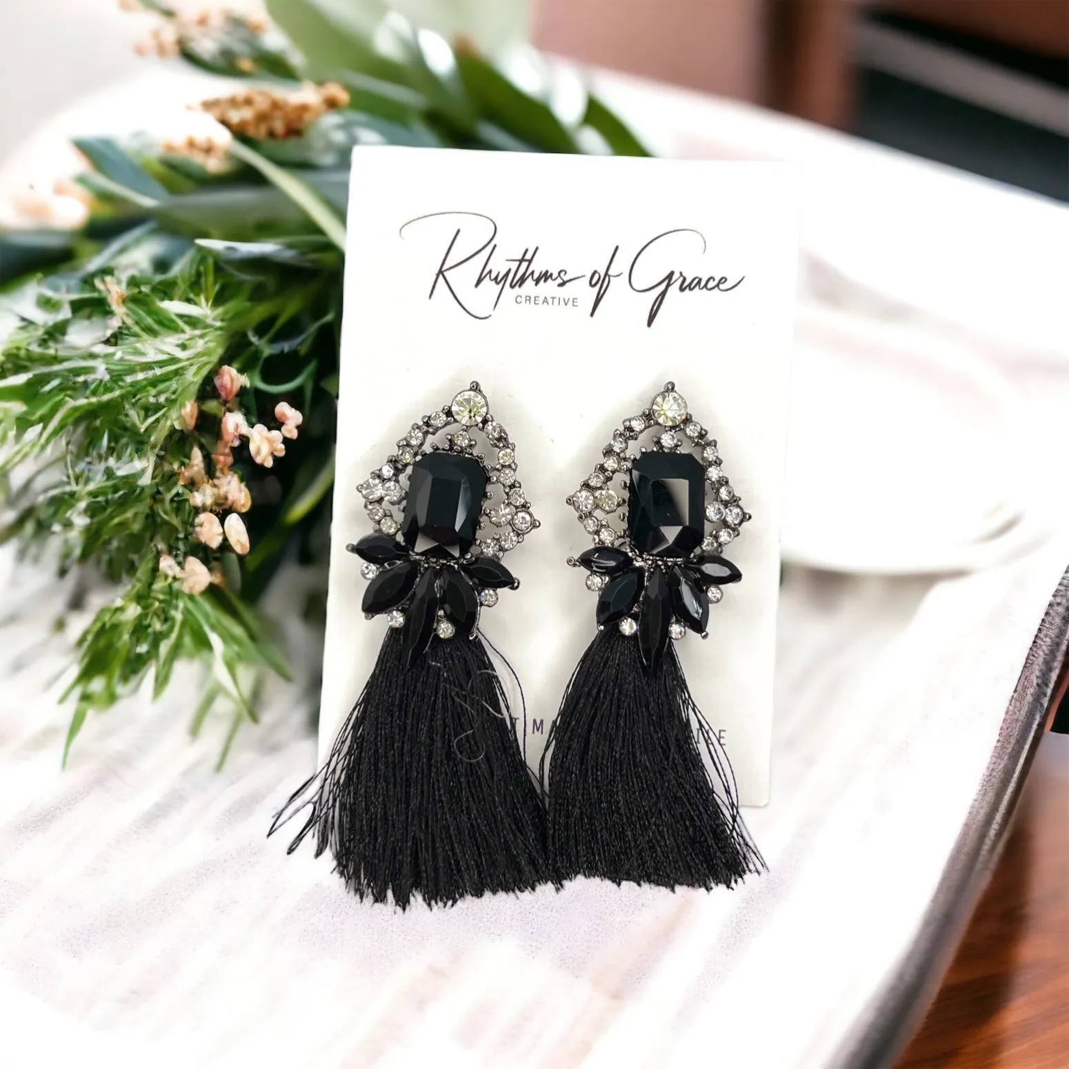 Black Fringe Earrings - Black Rhinestone Earrings, Black Earrings, Fringe Accessories