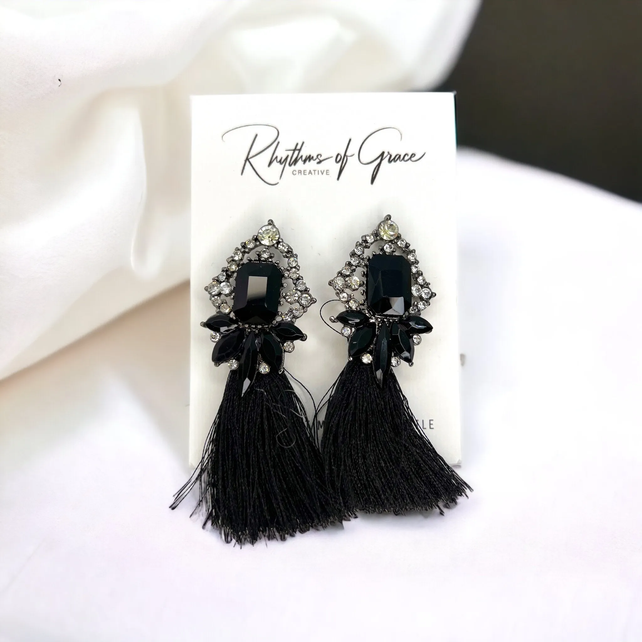 Black Fringe Earrings - Black Rhinestone Earrings, Black Earrings, Fringe Accessories