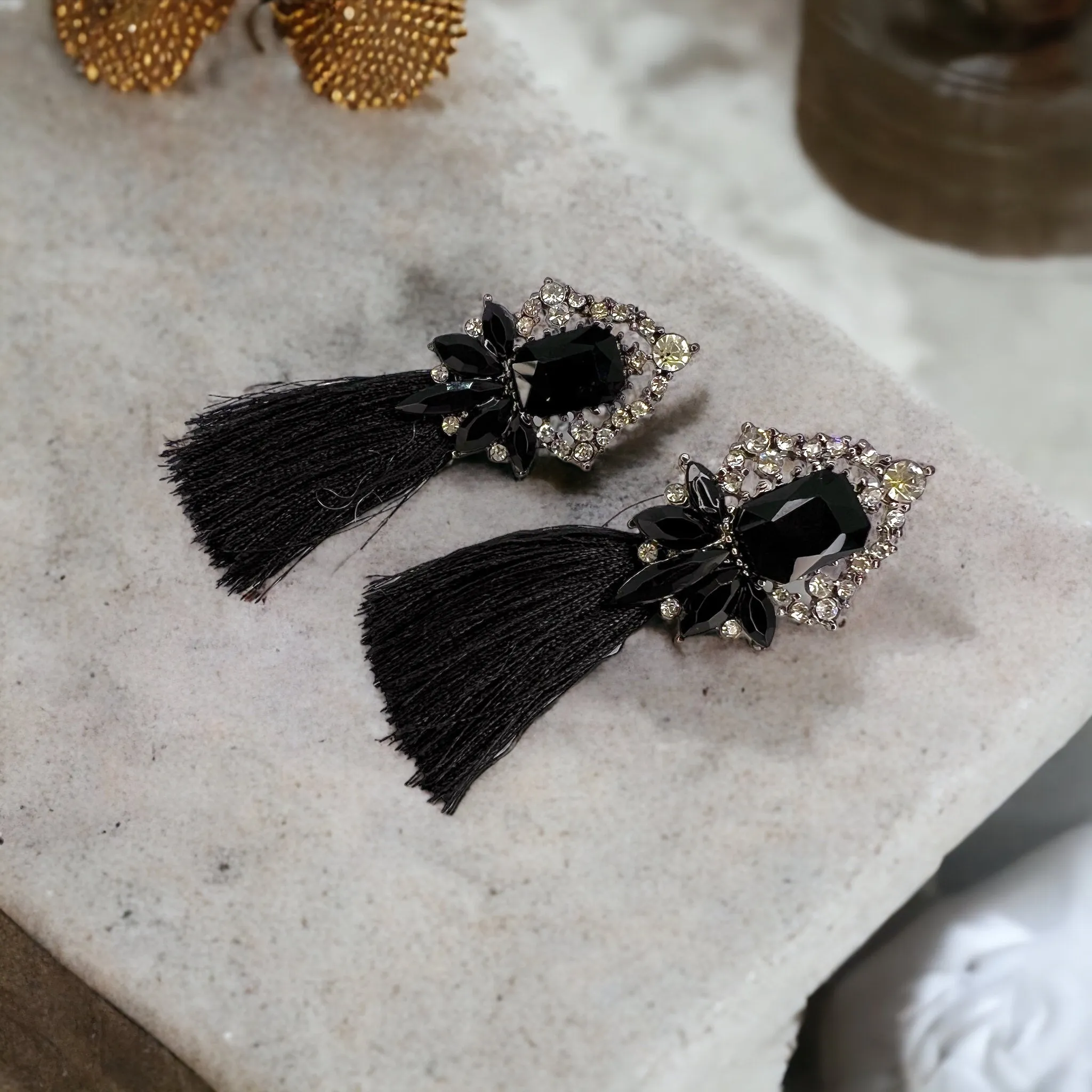 Black Fringe Earrings - Black Rhinestone Earrings, Black Earrings, Fringe Accessories