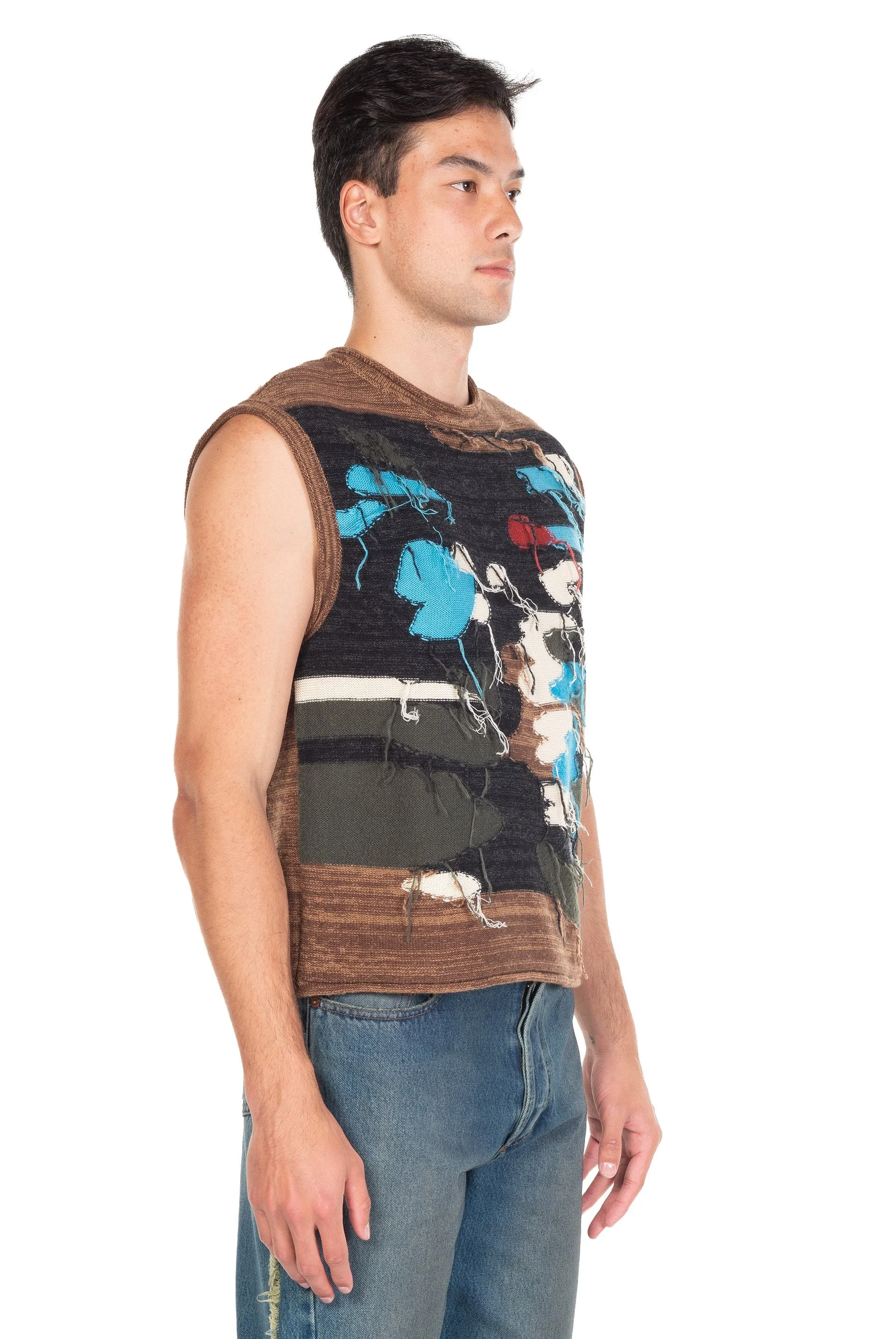 Blotch Intarsia Crew-Neck Vest Brown