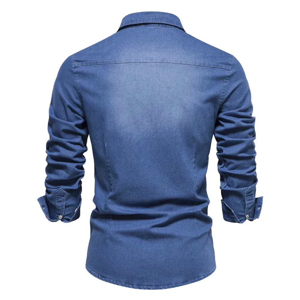 Brand Elastic Cotton Denim Shirt Men's Long Sleeve Cowboy Shirts Casual Slim Fit Designer Clothing