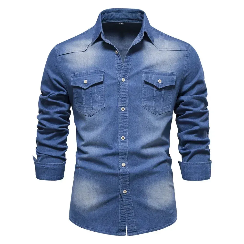 Brand Elastic Cotton Denim Shirt Men's Long Sleeve Cowboy Shirts Casual Slim Fit Designer Clothing