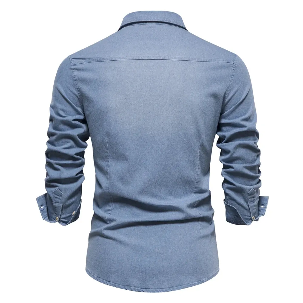 Brand Elastic Cotton Denim Shirt Men's Long Sleeve Cowboy Shirts Casual Slim Fit Designer Clothing