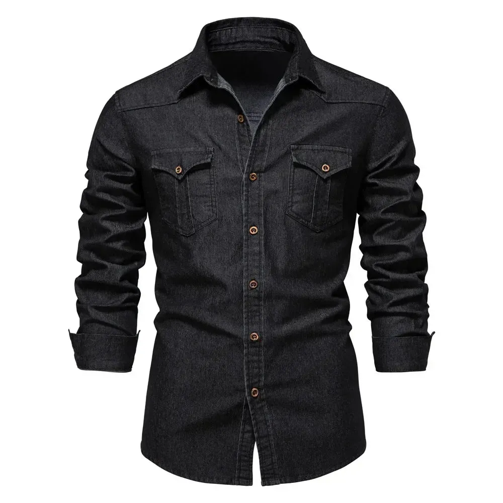 Brand Elastic Cotton Denim Shirt Men's Long Sleeve Cowboy Shirts Casual Slim Fit Designer Clothing