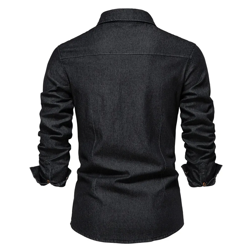 Brand Elastic Cotton Denim Shirt Men's Long Sleeve Cowboy Shirts Casual Slim Fit Designer Clothing