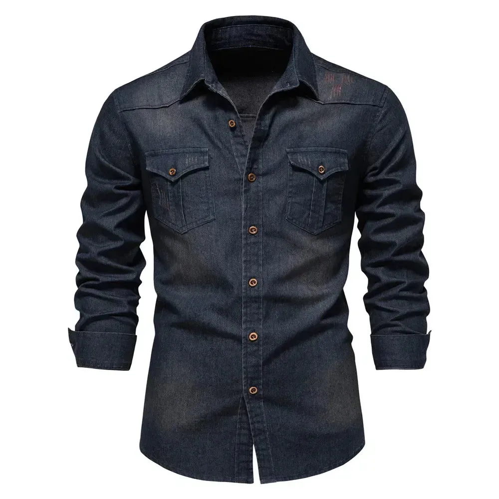 Brand Elastic Cotton Denim Shirt Men's Long Sleeve Cowboy Shirts Casual Slim Fit Designer Clothing