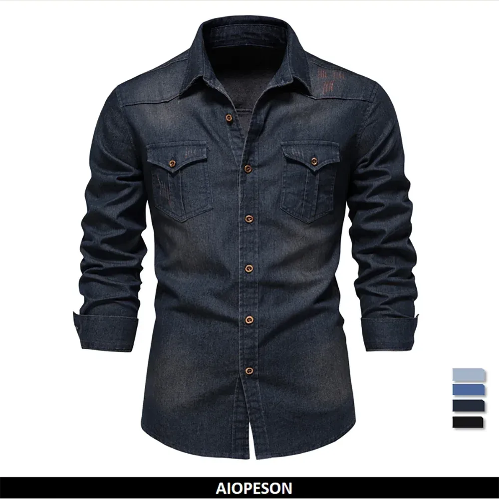 Brand Elastic Cotton Denim Shirt Men's Long Sleeve Cowboy Shirts Casual Slim Fit Designer Clothing
