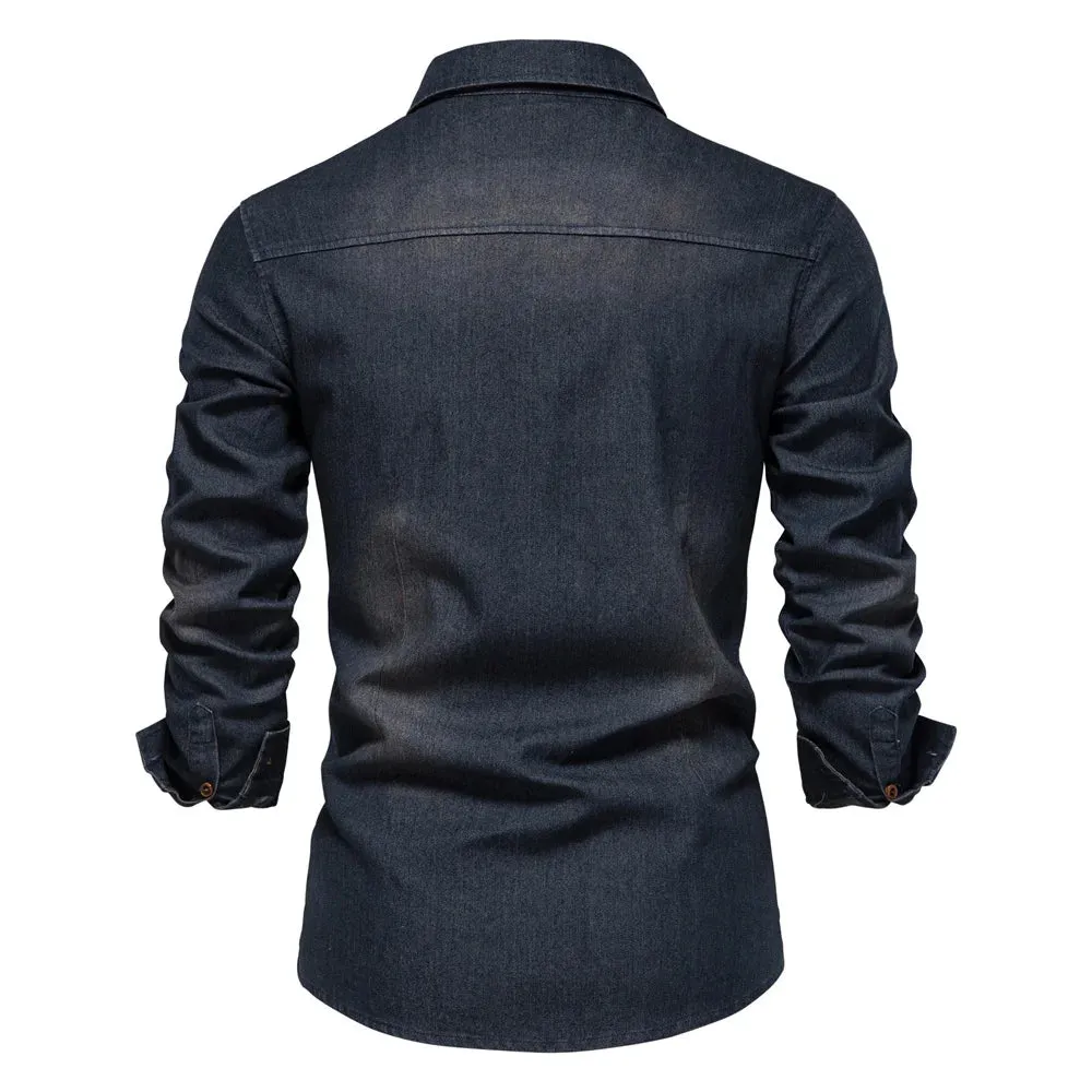 Brand Elastic Cotton Denim Shirt Men's Long Sleeve Cowboy Shirts Casual Slim Fit Designer Clothing
