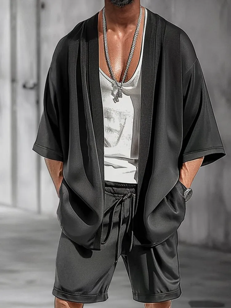 Casual Open Front Kimono Shorts Set