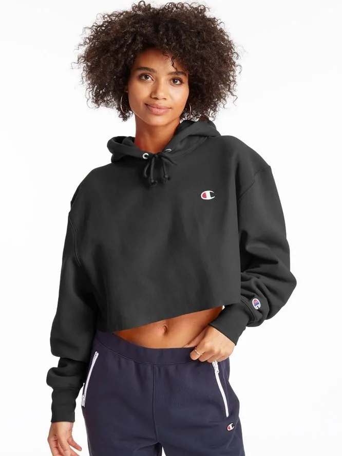 Champion Women's Reverse Weave Cropped Cut Off Hood C Logo Black WL659 549302