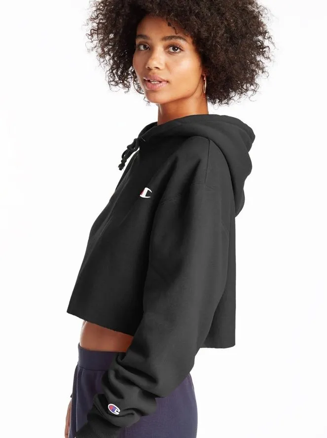 Champion Women's Reverse Weave Cropped Cut Off Hood C Logo Black WL659 549302