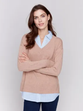 CHARLIE B V-NECK SWEATER W COLLAR - CARAMEL - C2568L464A678