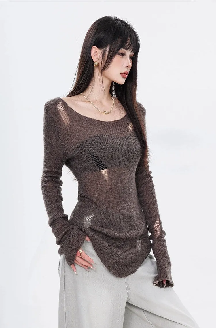 Distressed Hollow-Out Long Sleeve Knit Top