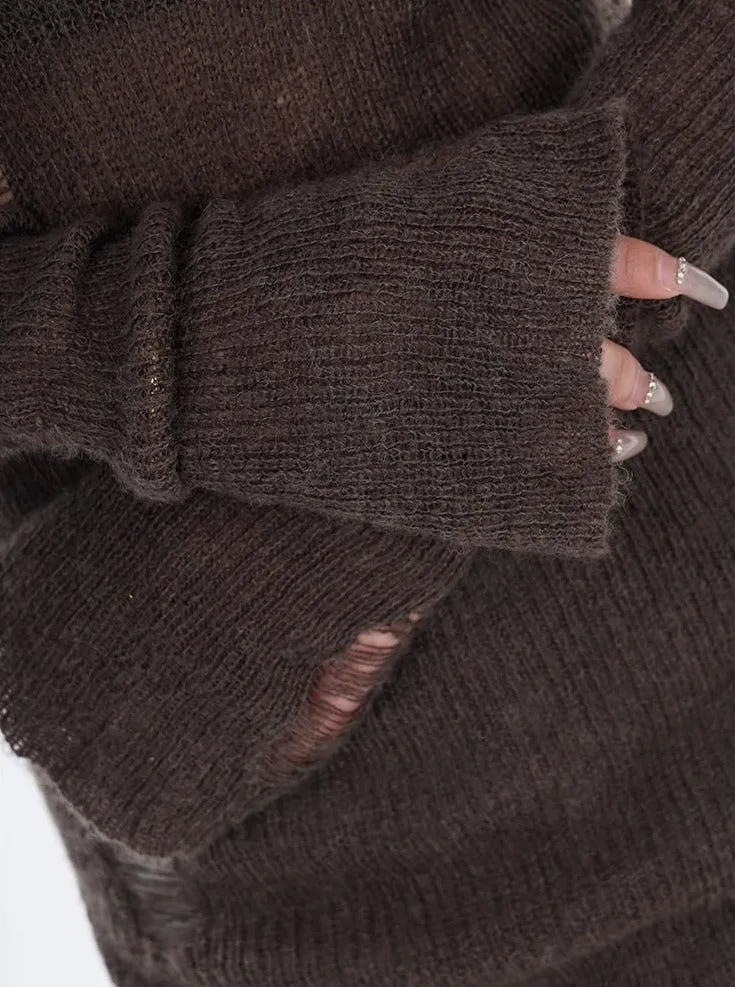 Distressed Hollow-Out Long Sleeve Knit Top