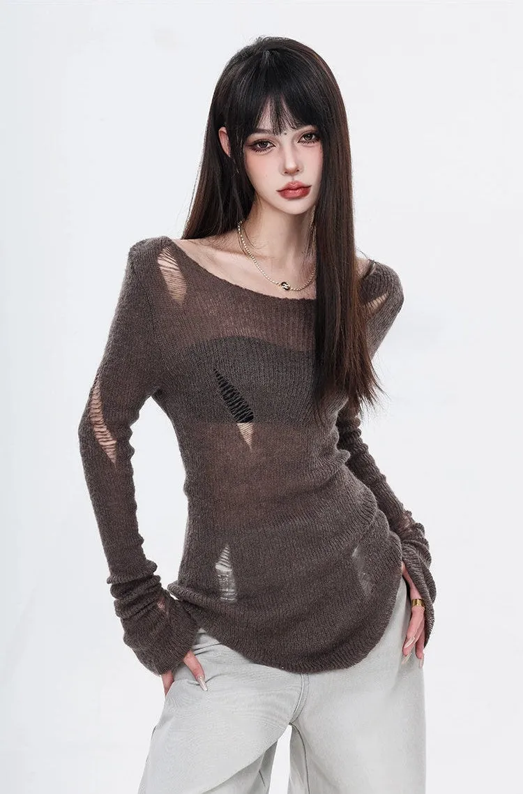 Distressed Hollow-Out Long Sleeve Knit Top