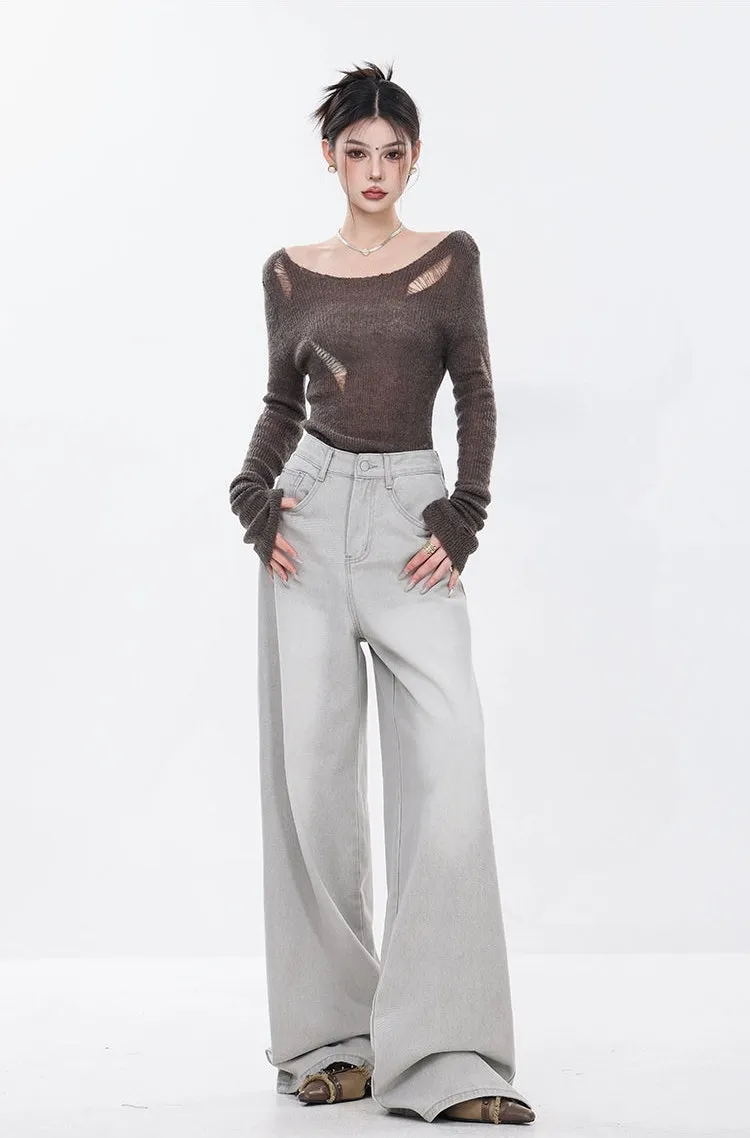 Distressed Hollow-Out Long Sleeve Knit Top