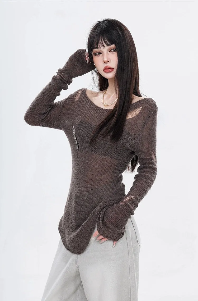 Distressed Hollow-Out Long Sleeve Knit Top