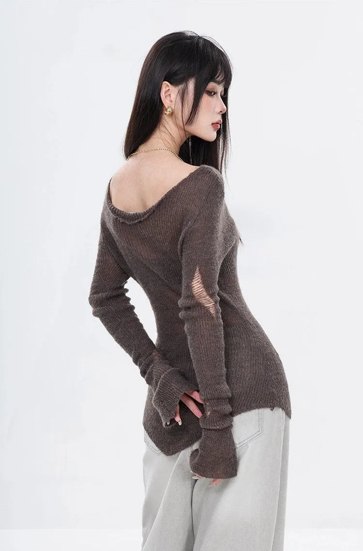 Distressed Hollow-Out Long Sleeve Knit Top