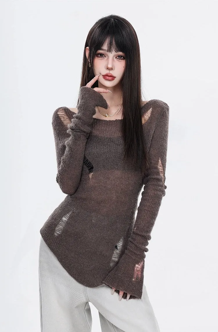 Distressed Hollow-Out Long Sleeve Knit Top