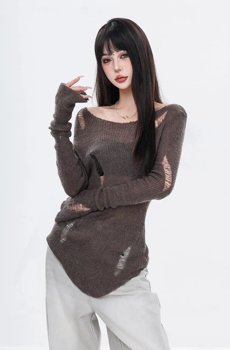 Distressed Hollow-Out Long Sleeve Knit Top