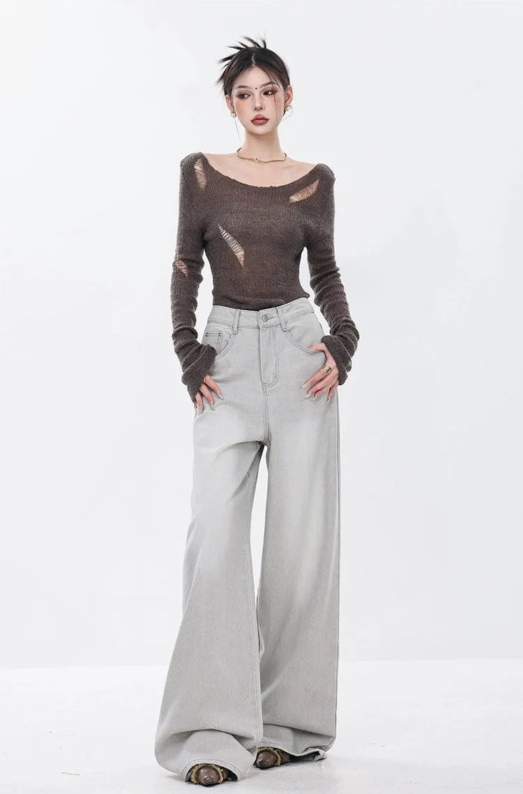 Distressed Hollow-Out Long Sleeve Knit Top