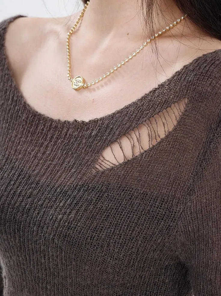Distressed Hollow-Out Long Sleeve Knit Top