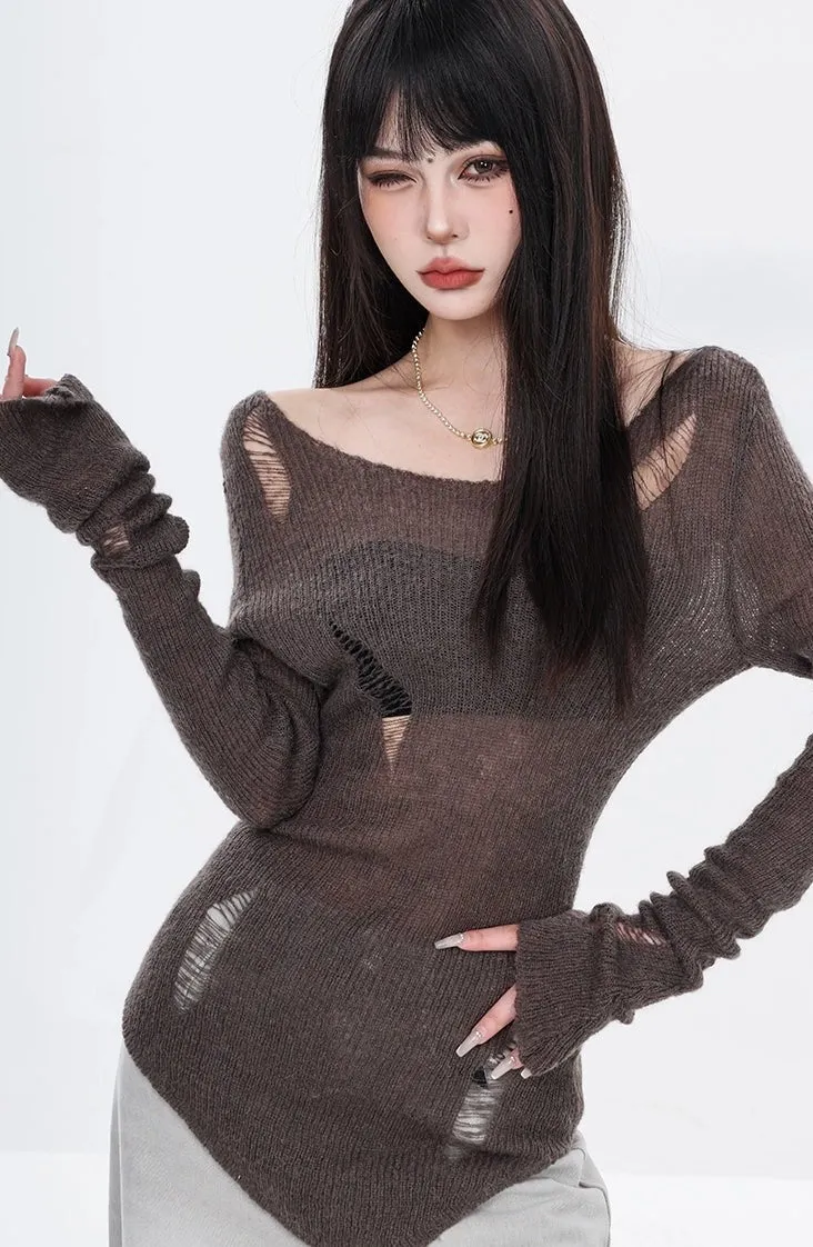 Distressed Hollow-Out Long Sleeve Knit Top