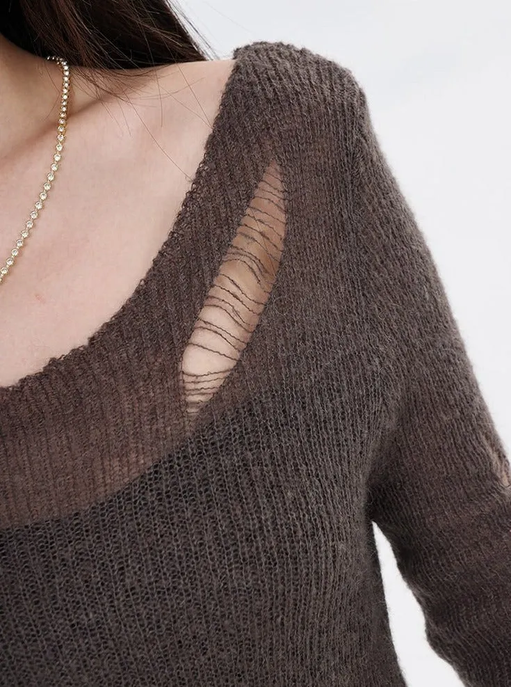 Distressed Hollow-Out Long Sleeve Knit Top